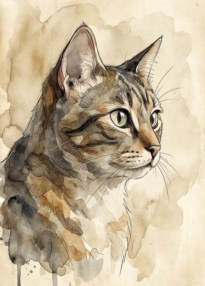 Watercolor Portrait of a Tabby Cat