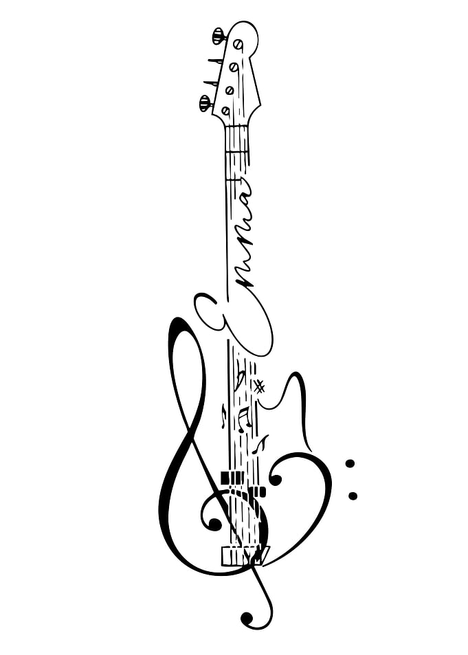 Musical Guitar with Notes and Treble Clef