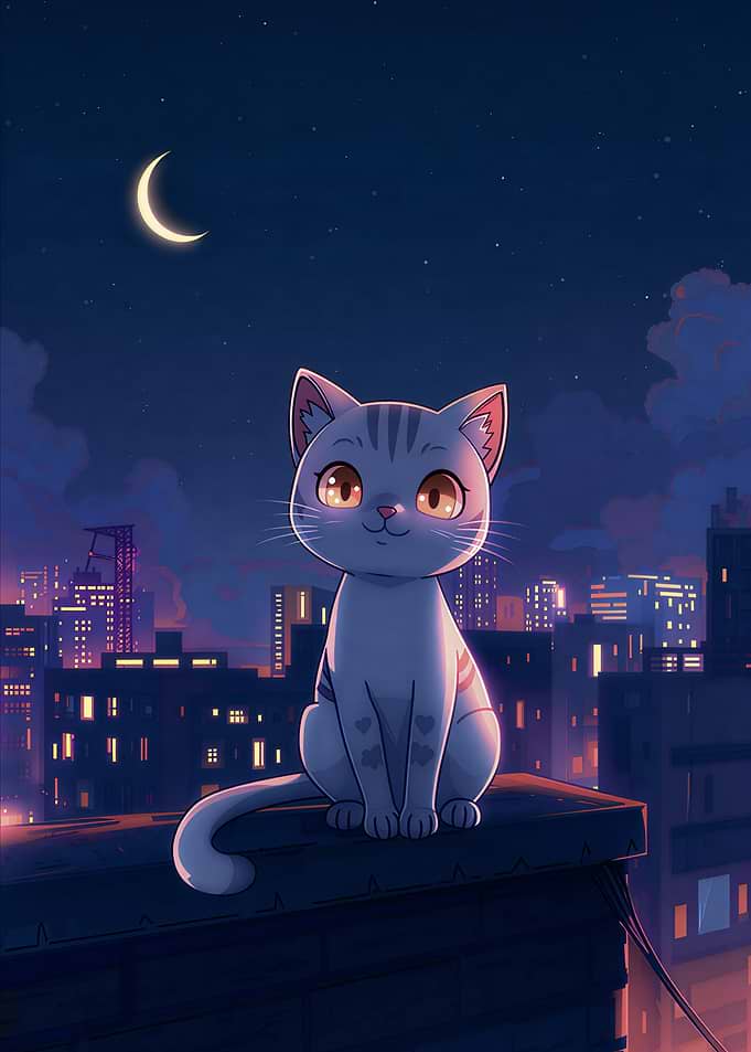 Cute Cat on Rooftop at Night