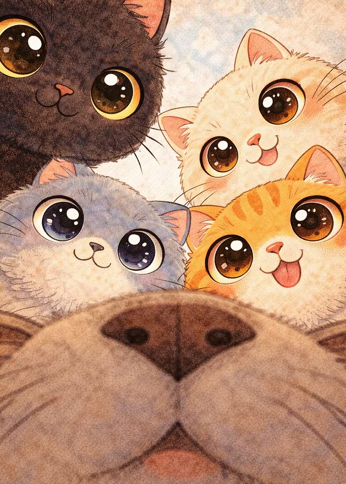 Cute Cats Peeking Over a Large Nose