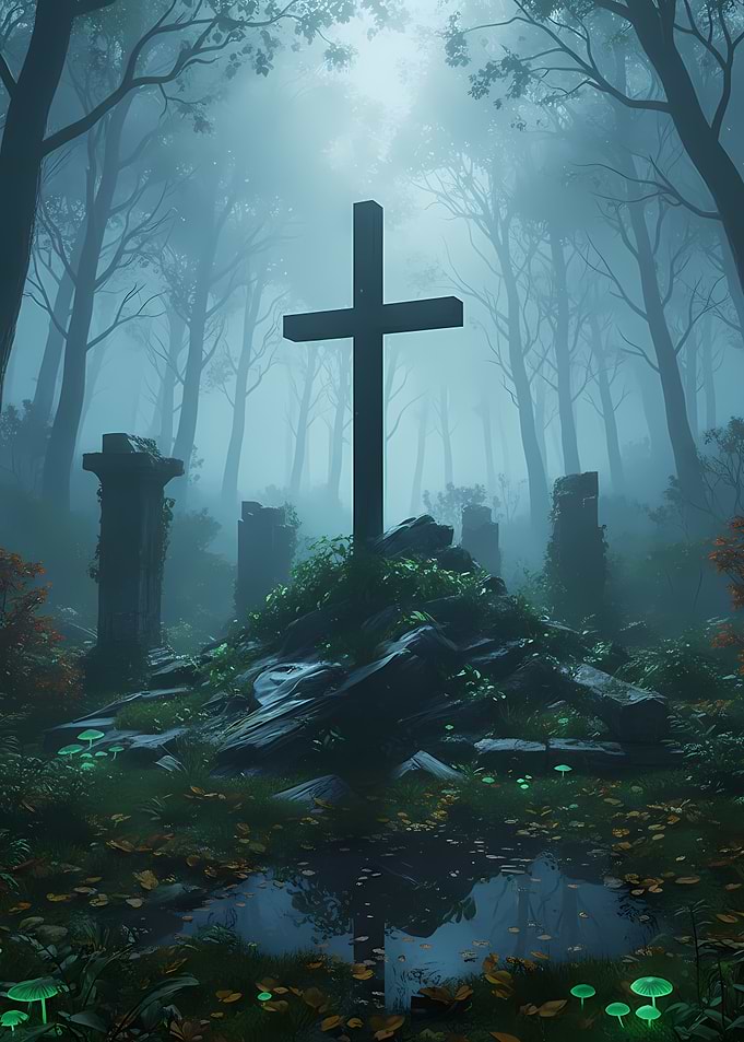 Misty Forest Cemetery with Glowing Mushrooms