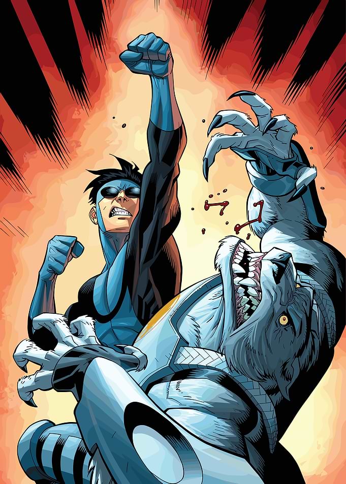 Invincible fighting a werewolf-like creature