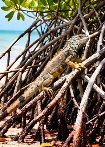 Iguana on Mangrove Roots by the Sea