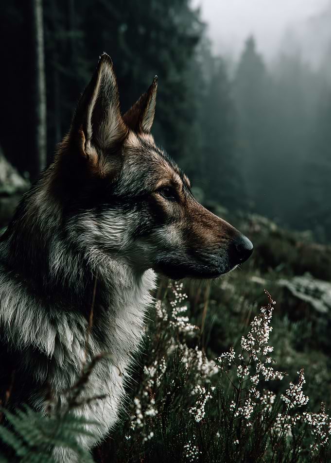 Wolf in a Misty Forest