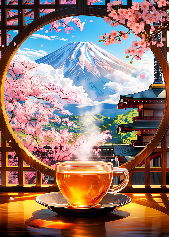 Tea with Mount Fuji and Cherry Blossoms