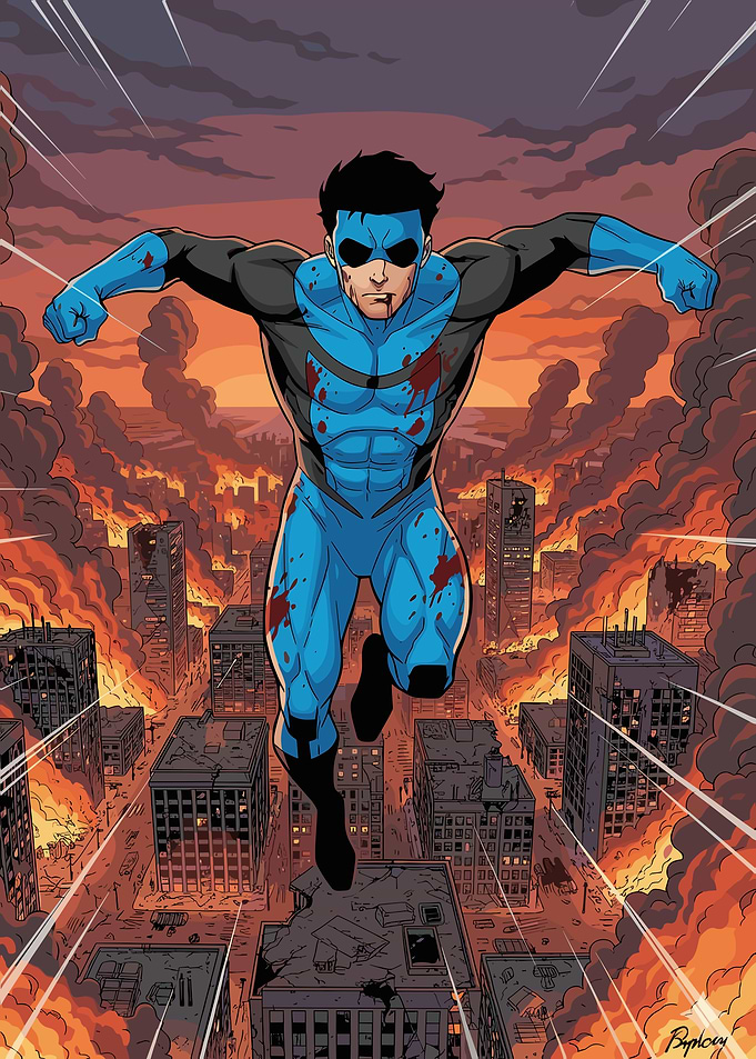 Invincible flying over burning city