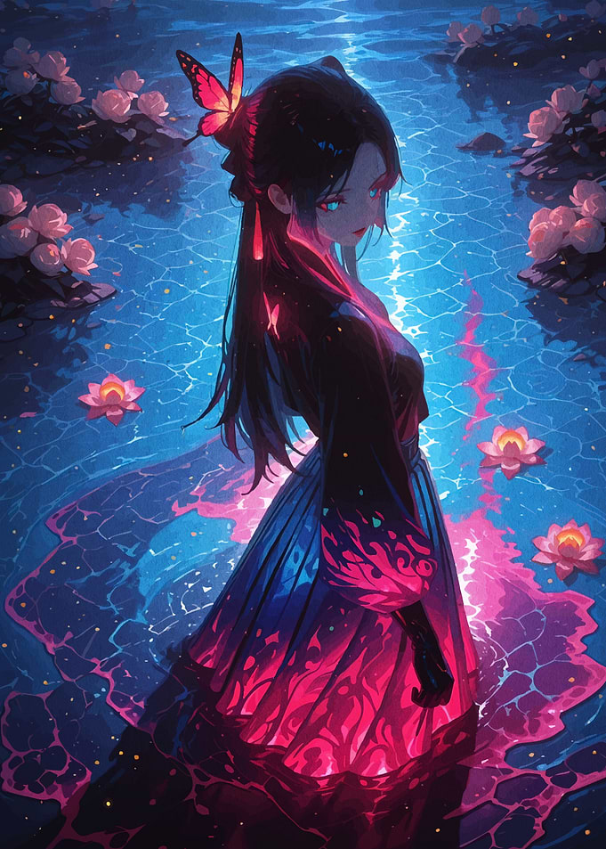 Anime Girl in Water with Butterflies