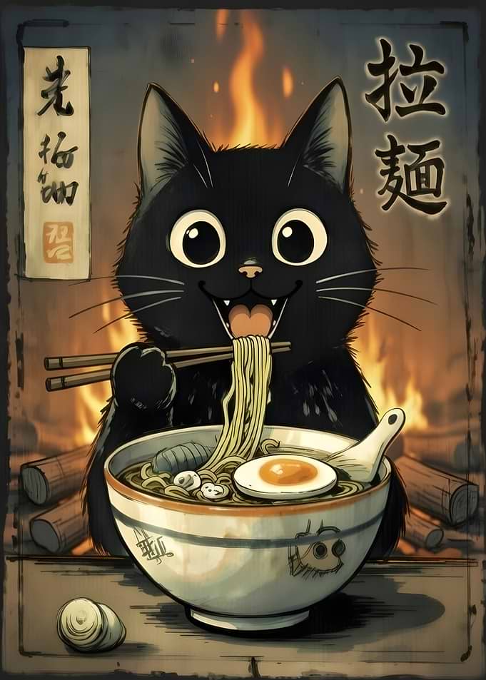 Black Fat Cat Eating Ramen japan anime cute