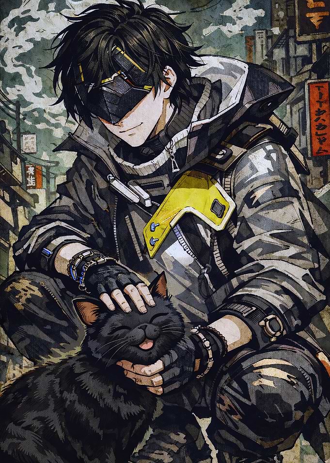 Anime character petting a black cat