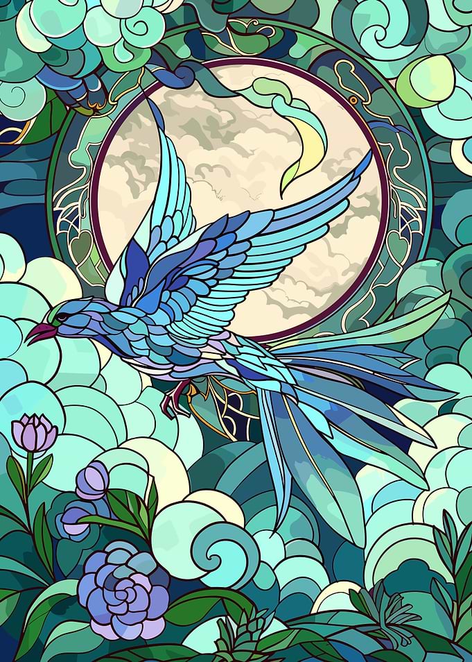Blue bird flying in front of moon