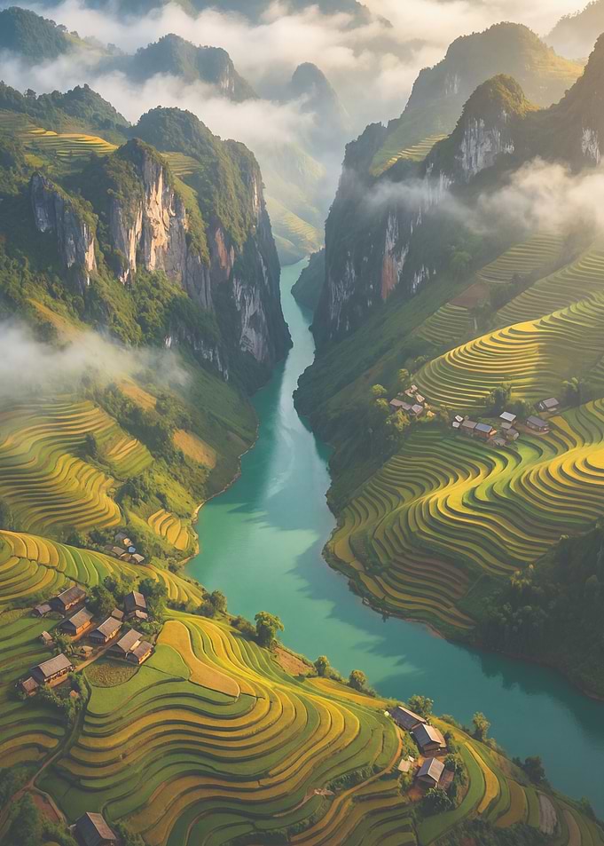 Terraced Rice Fields and River Valley
