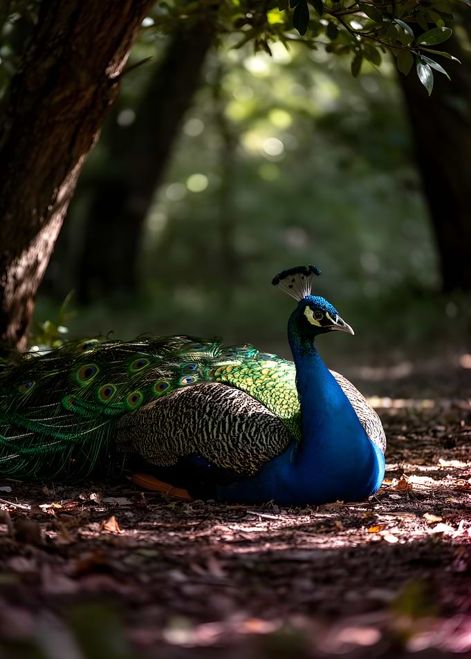 Peacock resting in a forest