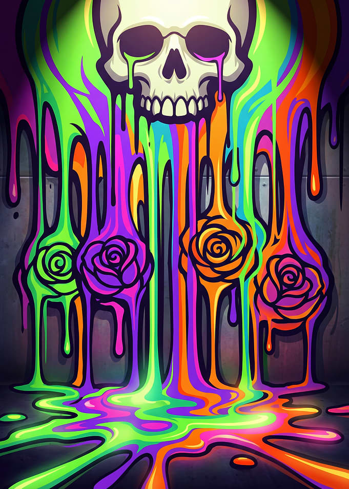 Melting Skull with Colorful Drips and Roses