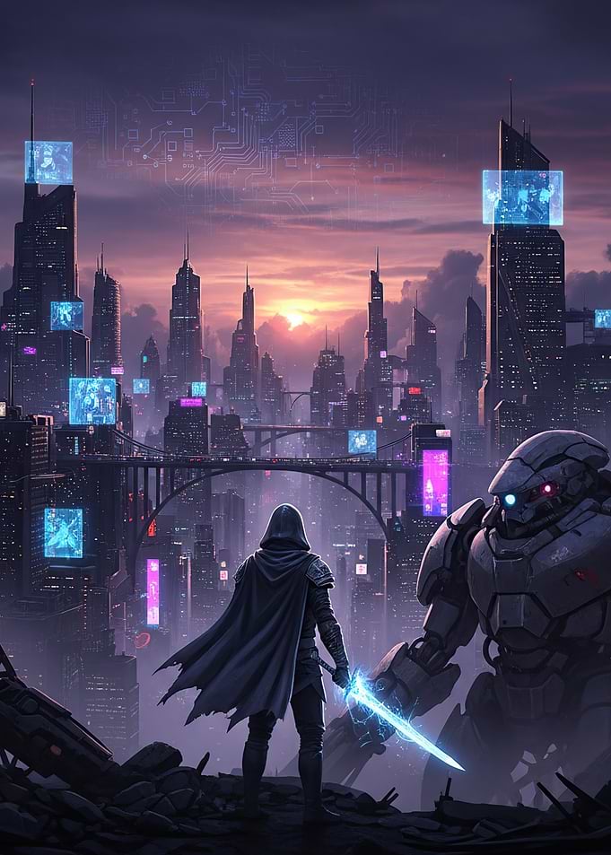 Futuristic Cityscape with Warrior and Robot