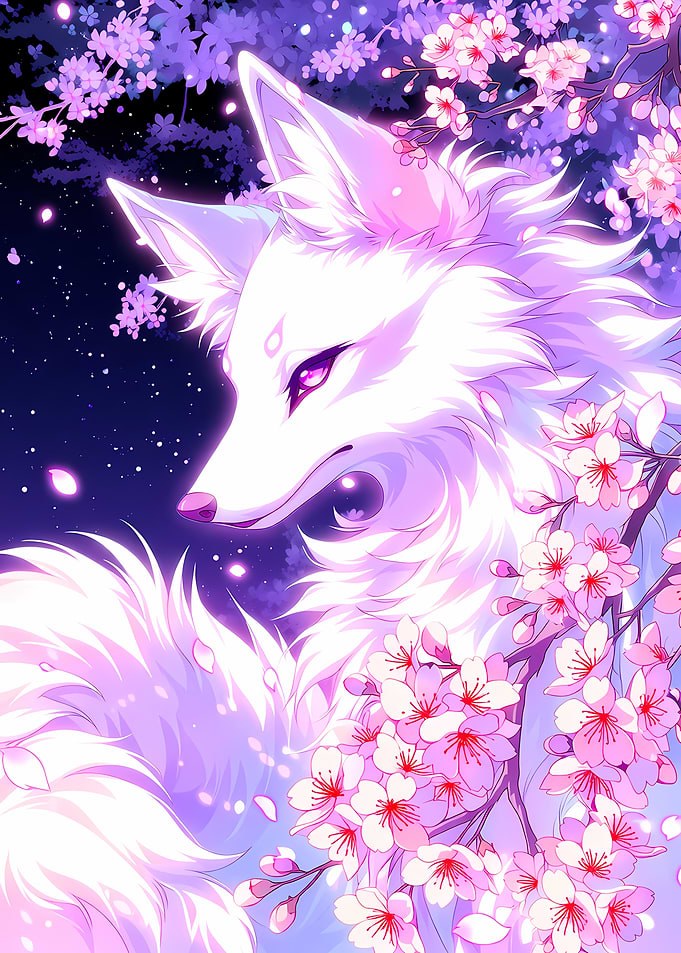 White Fox with Cherry Blossoms
