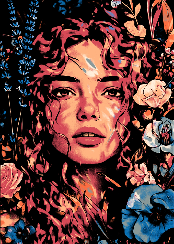 Woman surrounded by flowers