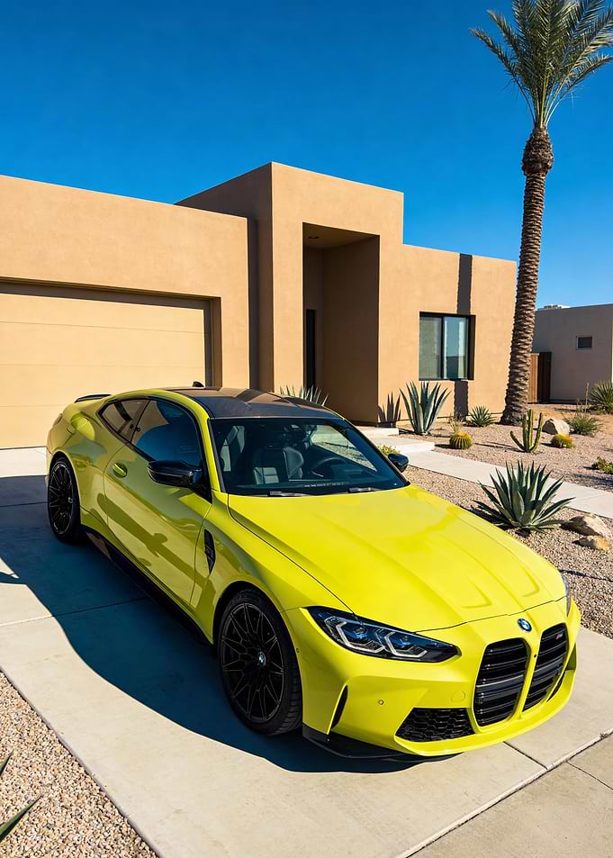 Yellow BMW M4 in Desert Landscape