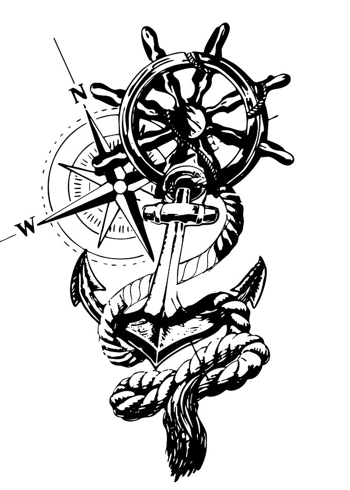 Nautical Anchor, Ship Wheel, and Compass