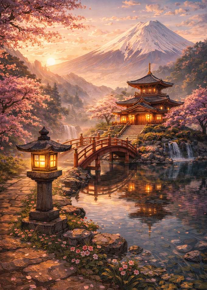Serene Japanese Landscape with Pagoda and Mt. Fuji