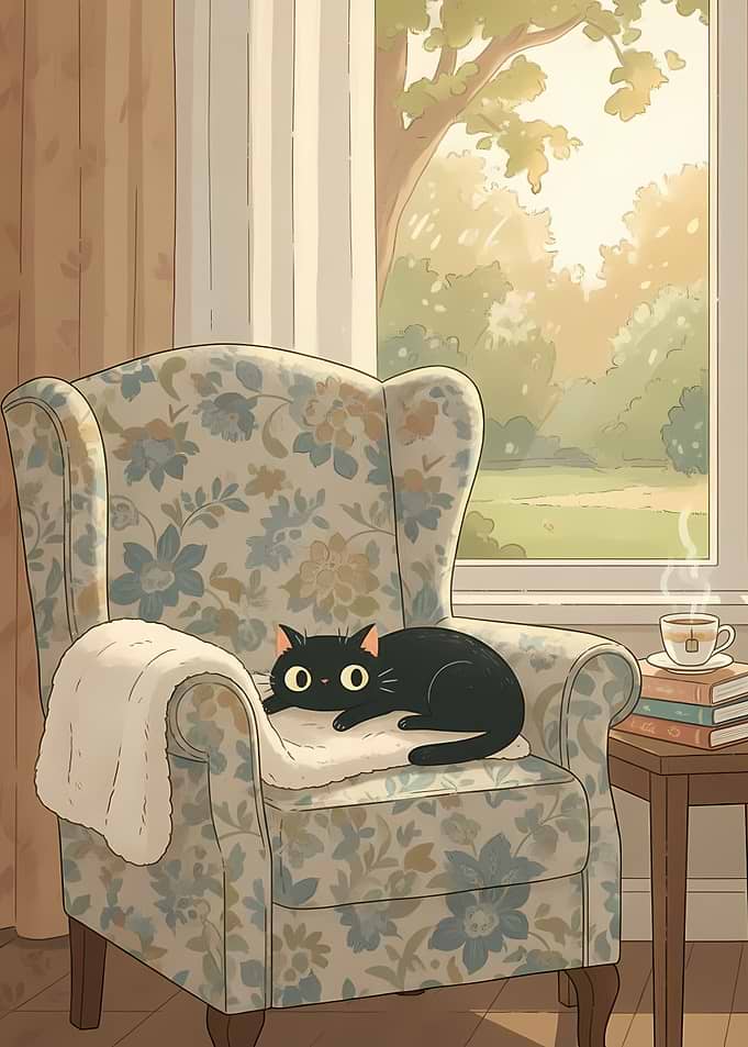 Black Cat Relaxing in Armchair by Window