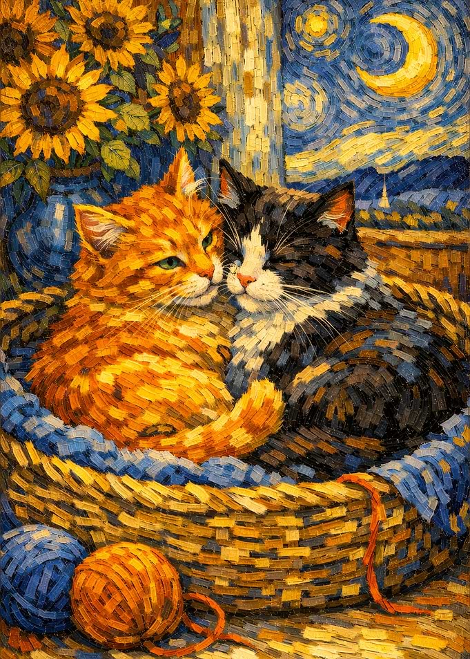 Van Gogh Two Cats Starry Night Sunflowers