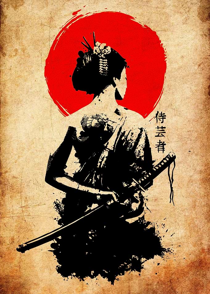 Samurai Geisha with Katana and Red Sun