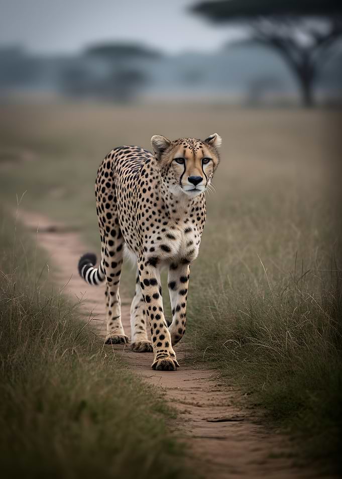 Cheetah walking on a dirt path
