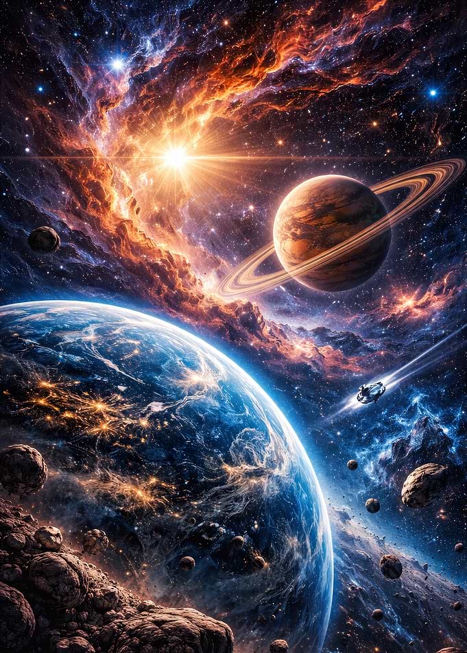 Cosmic Scene with Planets and Nebula