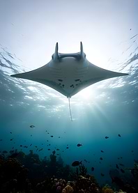 Manta Ray swimming over coral reef