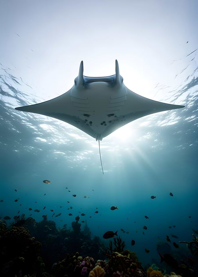Manta Ray swimming over coral reef
