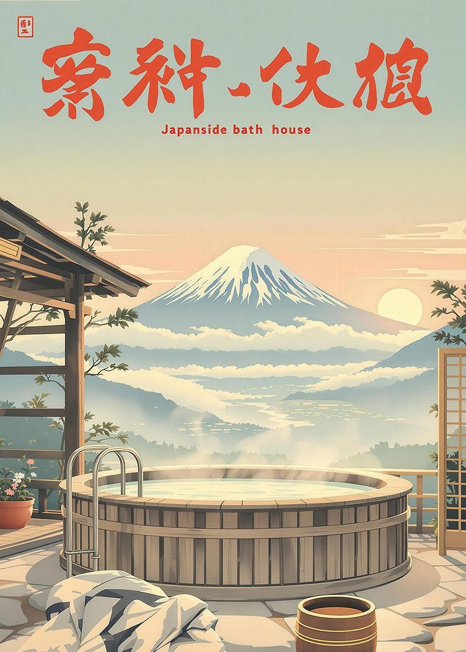 Japanese Bathhouse with Mount Fuji View