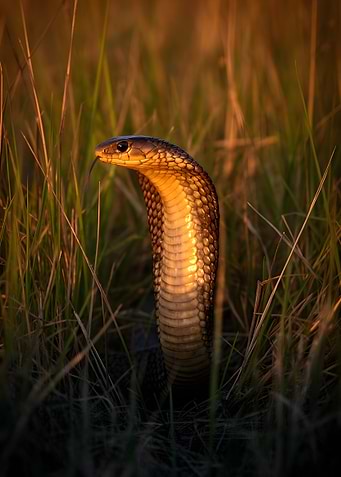 Cobra in tall grass at sunset