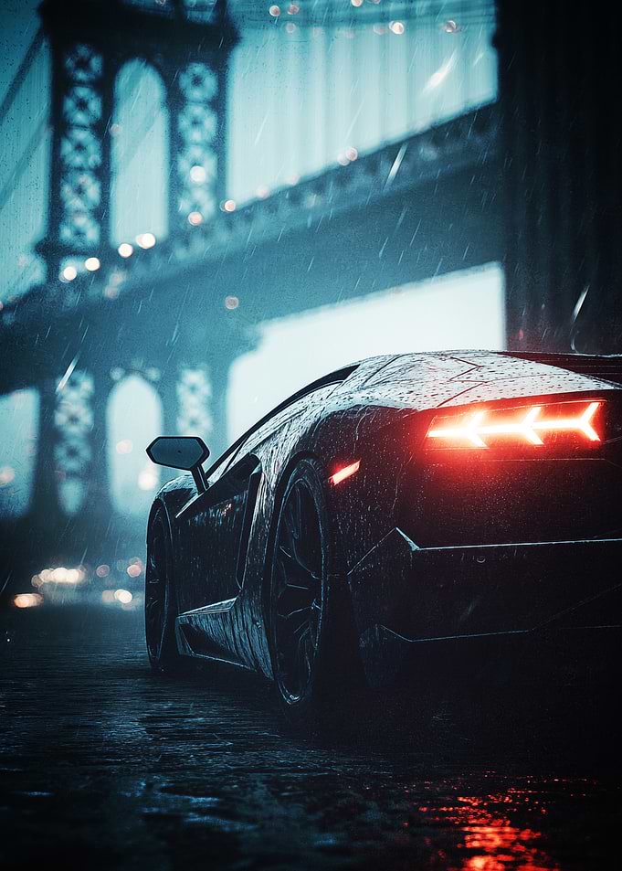 Sports Car in Rainy City Poster