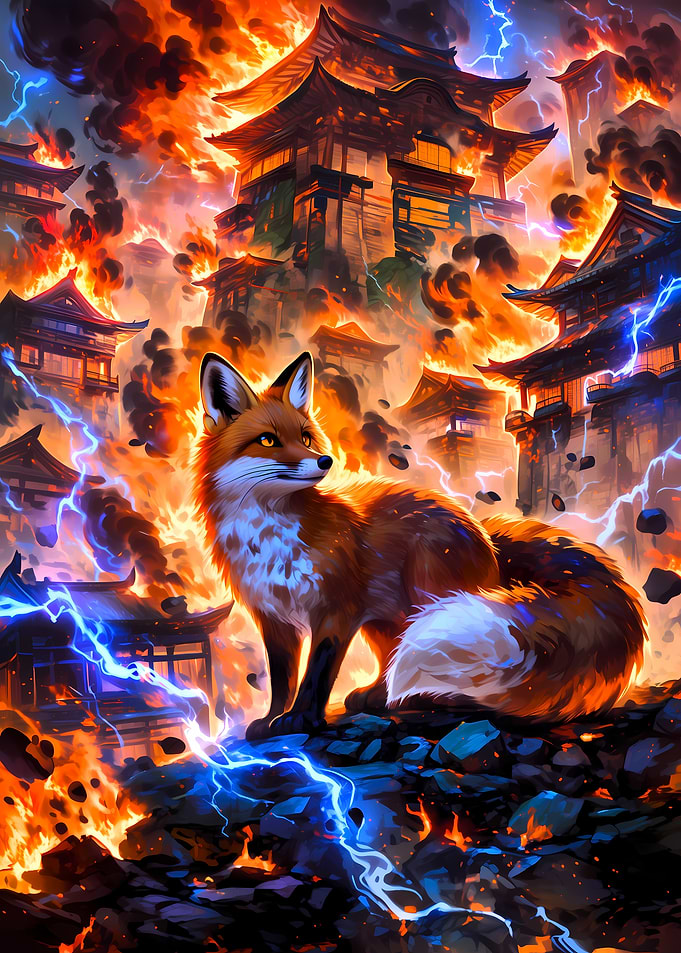 Fox amidst burning Japanese temples and lightning