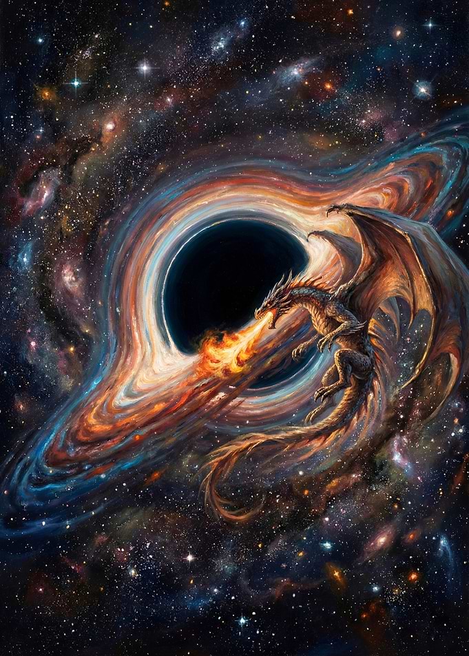 Dragon breathing fire near black hole