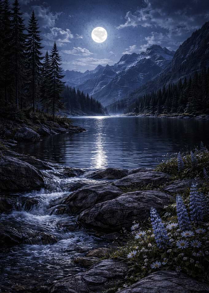 Moonlit Mountain Lake with Stream