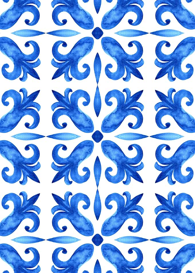 Blue Watercolor Floral Tile Pattern