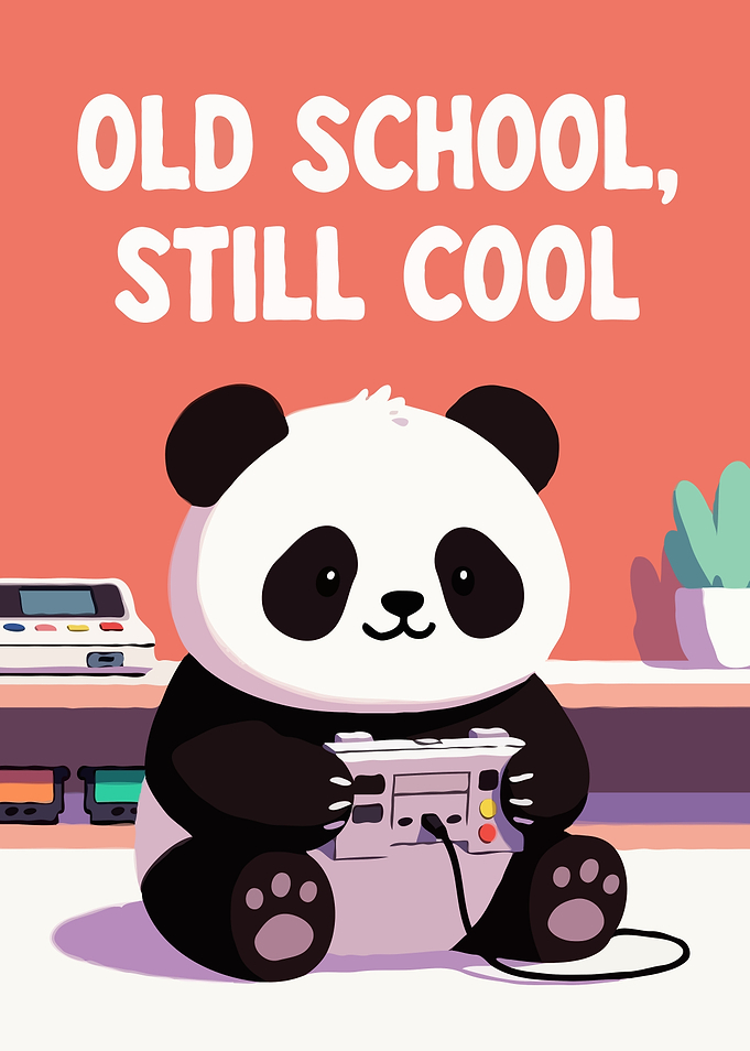 Panda playing retro video games