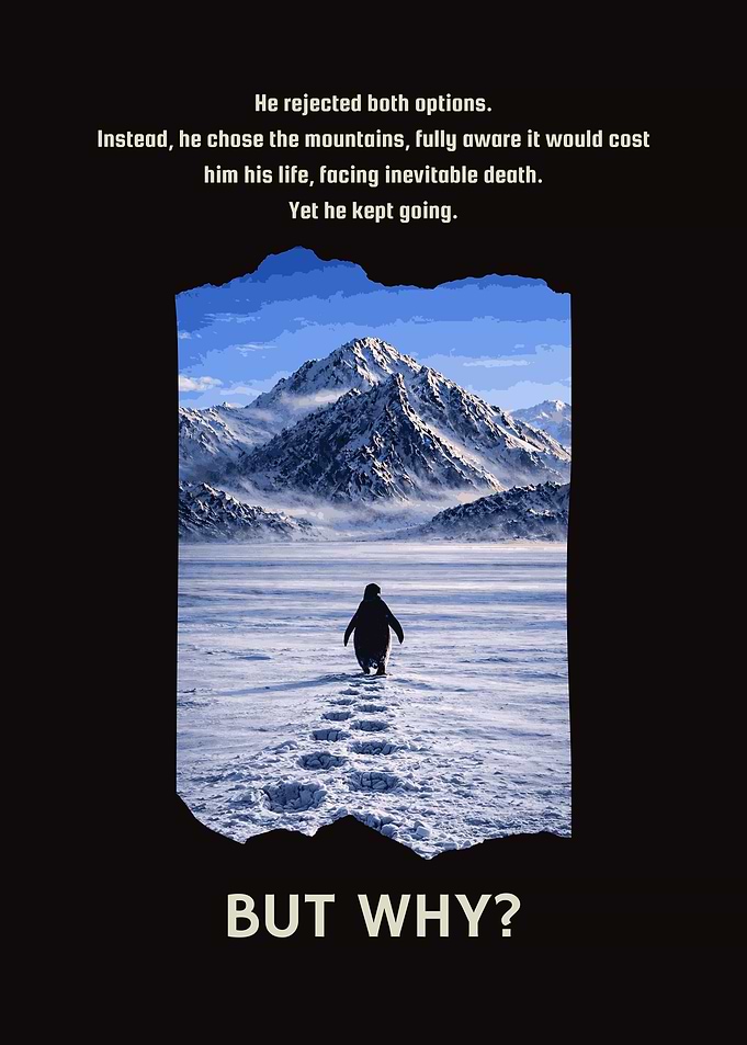 Nihilist Penguin facing snowy mountains