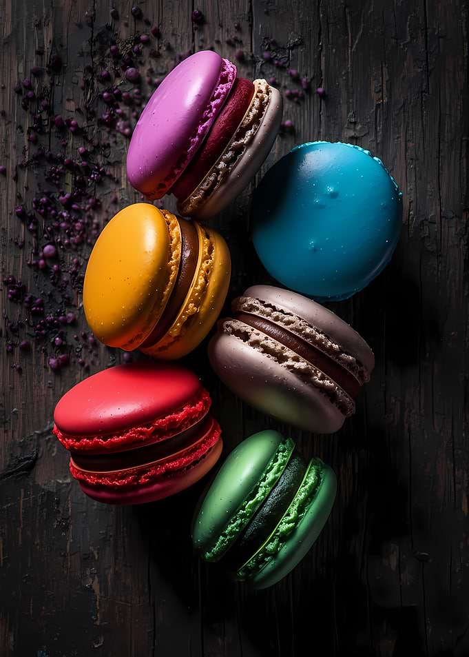 Colorful Macarons on Dark Wood