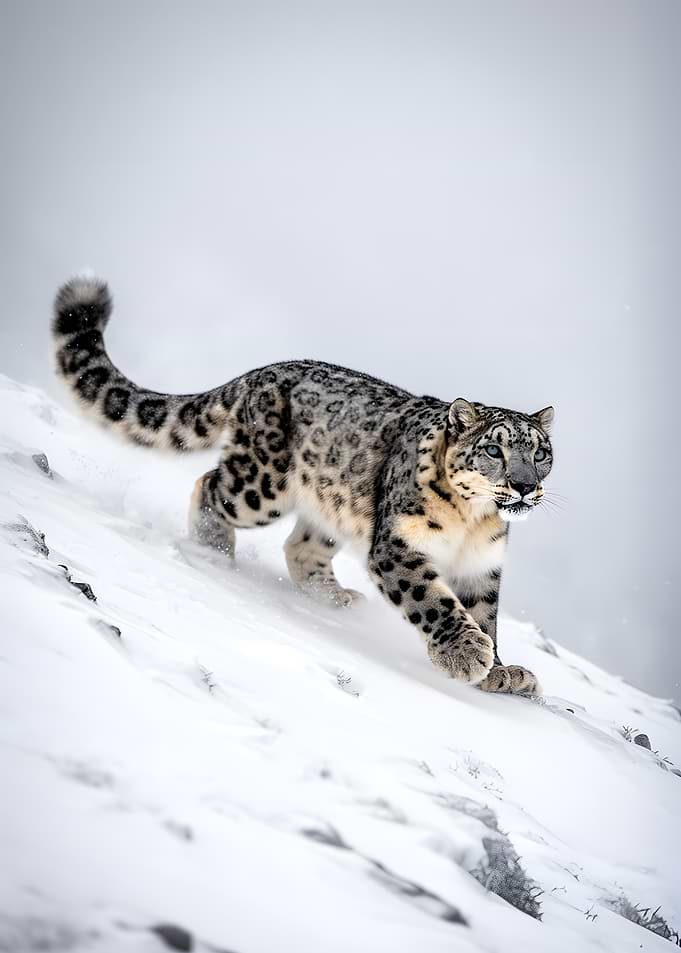 Snow Leopard Walking on Snowy Slope