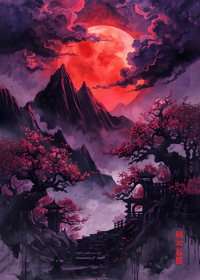 Crimson Moon Over Misty Mountains
