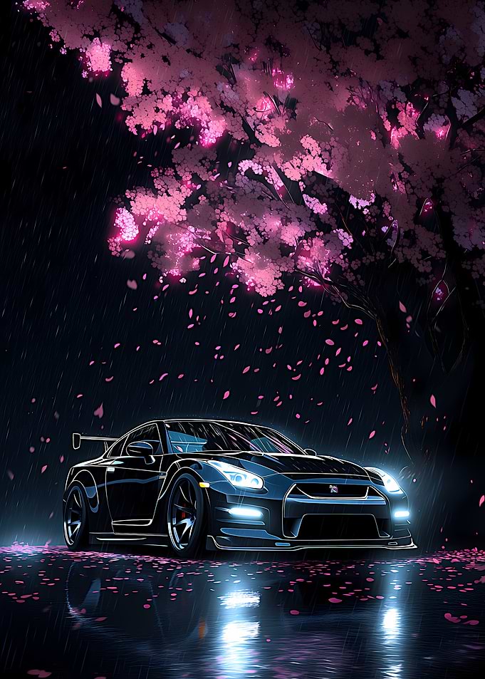 Black Nissan GT-R under Cherry Blossoms