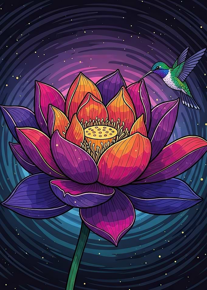 Hummingbird and Lotus Flower