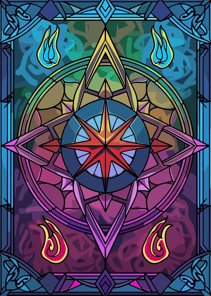 Stained Glass Compass Rose with Flames