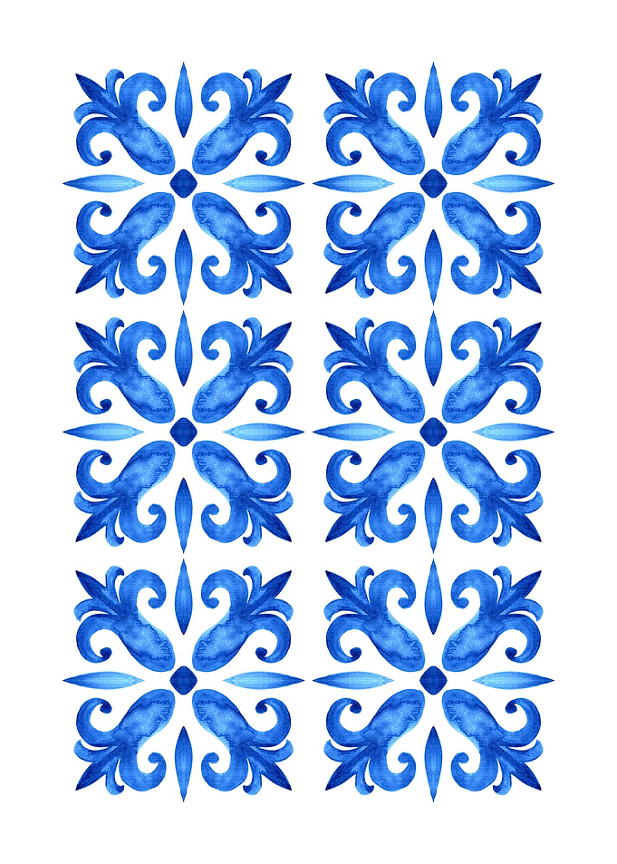 Blue Watercolor Floral Tile Pattern
