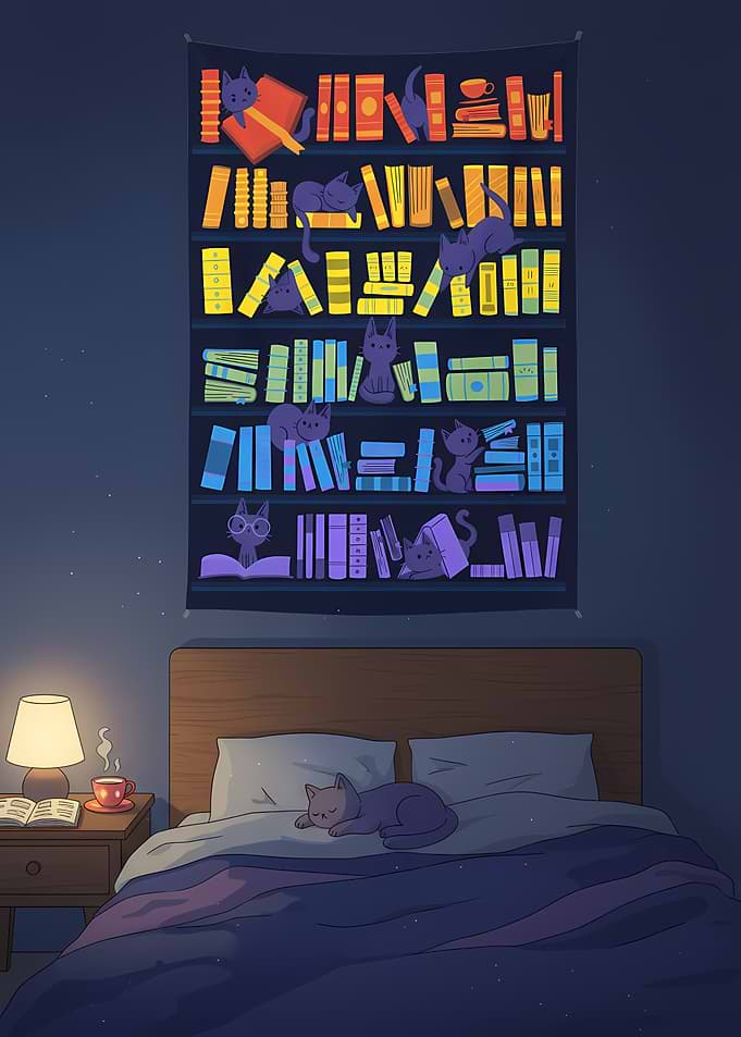 Cozy Bedroom with Cat and Bookshelf