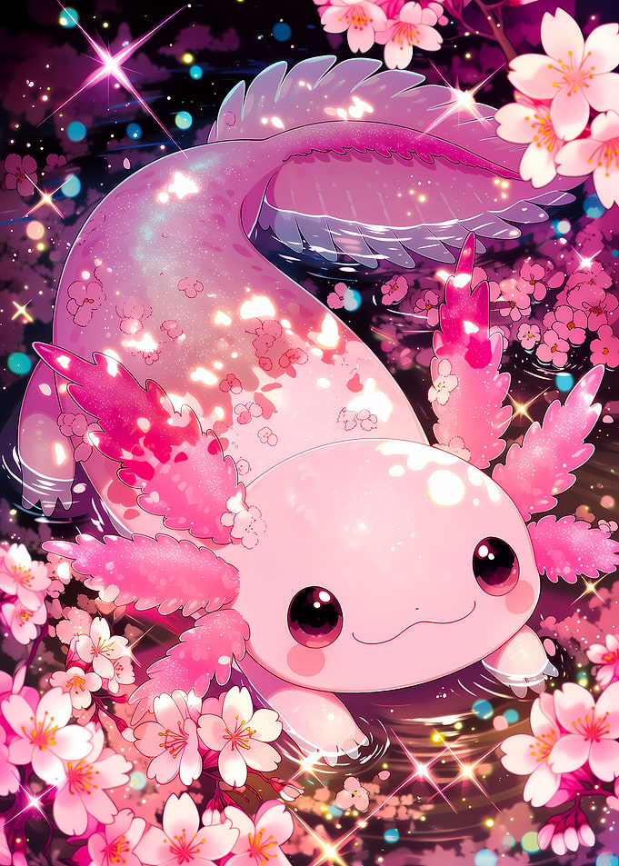 Pink Axolotl with Cherry Blossoms