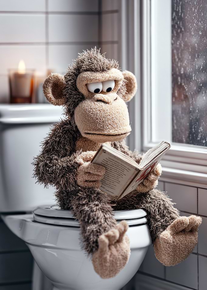 Plush Monkey Reading on Toilet
