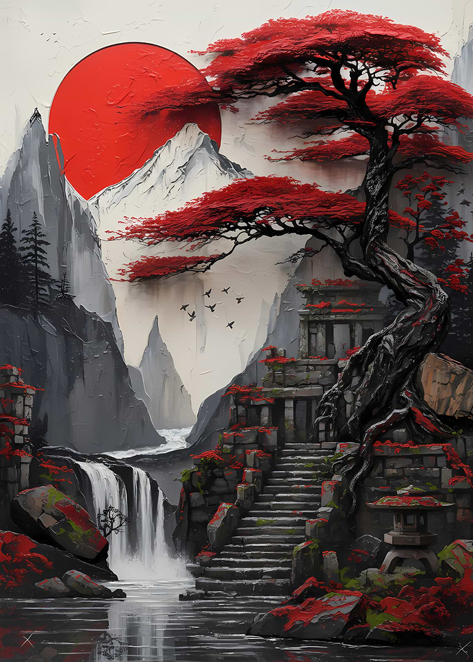Japanese Landscape with Red Sun and Waterfall